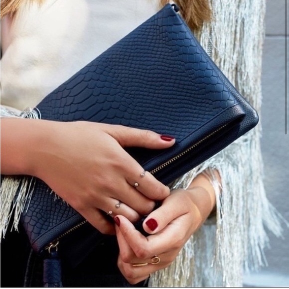 Gigi New York | leather bag, authentic snakeskin, navy fold over clutch w/ strap - Picture 4 of 4